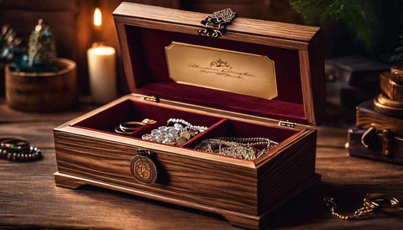 Een houten sieradendoos met bijpassende vader-dochter sleutelhangers en sentimentele bedels.